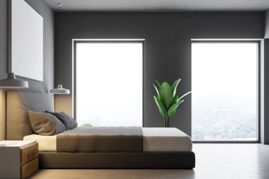 Bir beton zemin, bir karyola ve yatay bir poster üzerinde asılı bir gri yatak odası iç yan görünüm. 3D render alay