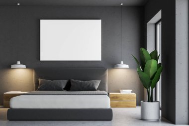 Lüks gri yatak odası iç bir beton zemin, bir karyola ve yatay bir poster üzerinde asılı. 3D render alay