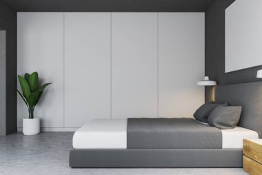 Beyaz yatak odası iç bir beton zemin, bir karyola ve pot ayakta köşedeki bir ağaçta. 3D render alay