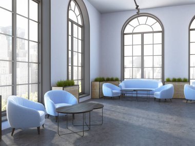 Beyaz duvarları, çatı windows ve mavi kanepeler ve Sehpalar duran koltuklar ile Eko Stil kafe iç. Çiçek yatak. 3D render alay