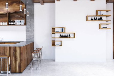 Ahşap iç bir beton zemin, ahşap tabureler ve raflar şişe beyaz duvarlar ile bar. Bir boş beyaz duvar 3d render alay