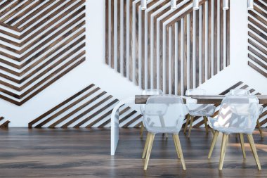 Şık yemek odası iç ahşap duvar desen, bir beyaz masa ve şeffaf sandalyeler. A yakın çekim. 3D render alay