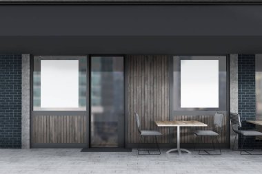 Siyah tuğla ve koyu ahşap restoran dış kare masa ve ayakta dışında gri sandalye ile. Bir flowerbed. Posterler 3d render kadar alay