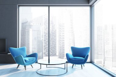 Çatı katında salon iç ahşap zemin ile siyah bir şömine ve bir sehpa yakınındaki iki mavi koltuk boş. 3D render alay