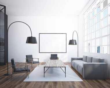 Halı zemin, gri bir kanepe ve bir sehpa yakınındaki iki koltuk ile panoramik salon iç. Zemin lambaları ve bir poster 3d render kadar alay
