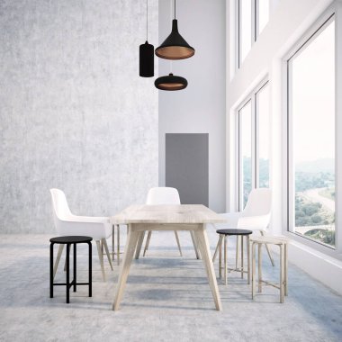 Beton duvar yemek odası iç uzun ahşap bir masa, çatı windows ve farklı çeşit sandalye. 3D render alay