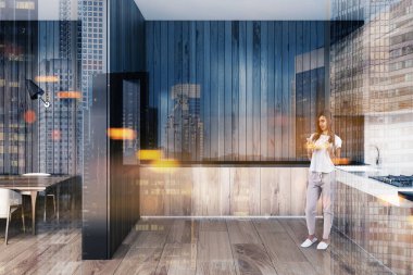 Karanlık ve aydınlık ahşap mutfak iç ahşap mutfak tezgahı, yemek masası ve bütün aile kolaylık sağlamak için bir duvarında bir delik. Bir kadın. 3D render sahte kadar çift tonlu görüntü pozlaması