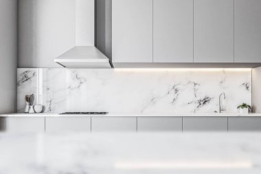 Beyaz Mermer mutfak iç ışık gri mutfak tezgahı ve tencere ile. Ev yapımı gıda kavramı. 3D render alay