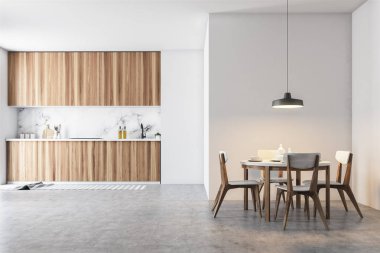 Tahta ve gri yuvarlak ahşap masa ve sandalyeler beyaz ve ahşap yemek odası iç duvar. 3D render alay