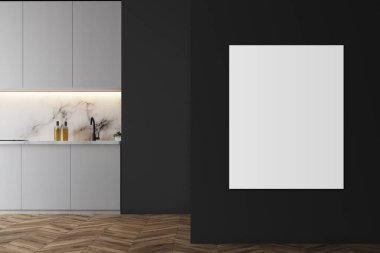 Gri çatı katı mutfak iç beyaz mutfak tezgahı, yuvarlak ahşap masa ve sandalyeler duruyor. Yukarıda asılı tavan lambası. Dikey bir poster. 3D render alay