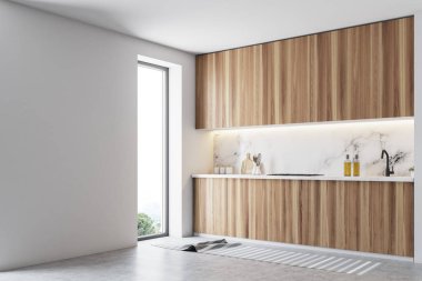 Beyaz mutfak iç bir beton zemin ile yapılı içinde aletleri ile ahşap mutfak tezgahı. Yan görünümü. 3D render alay
