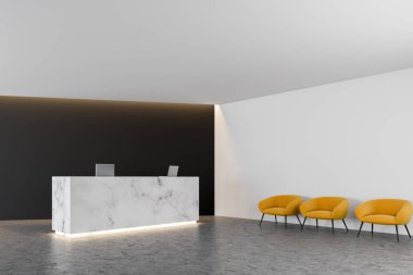 İki bilgisayar bir modern şirket salonda bir siyah duvar ve bir satır duvarın yanında sarı koltukları ile ayakta beyaz mermer ofis resepsiyon masa. 3D render alay