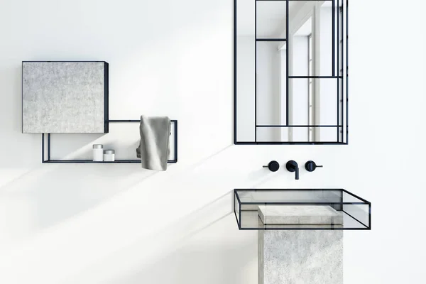 Futurista Interior Banheiro Branco Com Dissipador Vidro Espelho Uma Prateleira — Fotografia de Stock