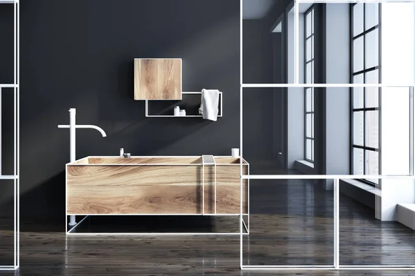 前瞻性的浴室内饰与黑色墙壁 一个木制浴缸 一面镜子和玻璃墙 渲染模拟 — 图库照片