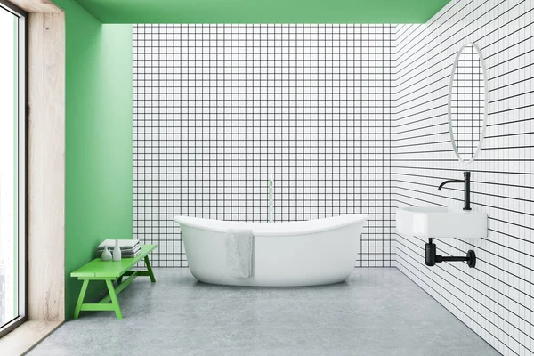 White Tiled Green Bathroom Interior Concrete Floor White Bathtub Sink — Stock Photo, Image