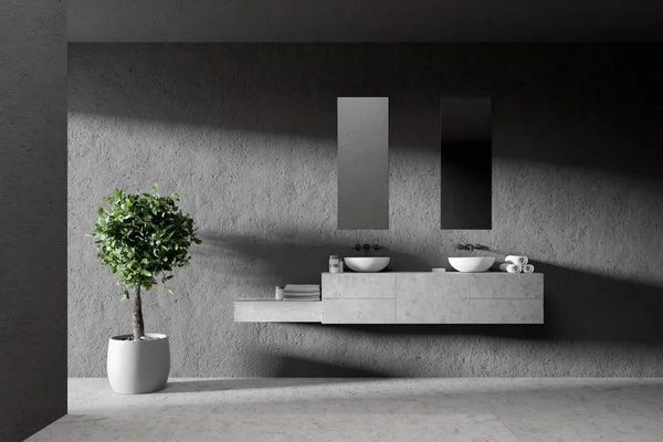 Double bathroom sink standing on a concrete shelf in a gray wall room with two narrow vertical mirrors above it. 3d rendering