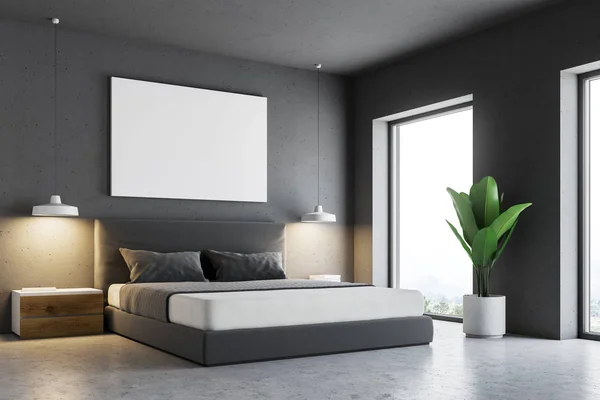 Gray Bedroom Interior Concrete Floor Master Bed Horizontal Poster Hanging — Stock Photo, Image