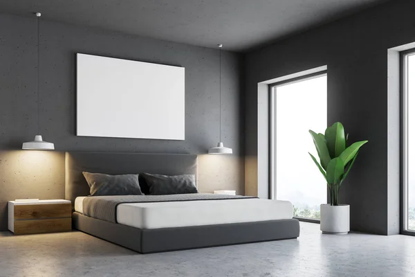 Interior Del Dormitorio Gris Con Piso Hormigón Una Cama Principal — Foto de Stock