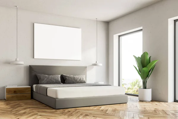 Intérieur Chambre Blanche Avec Plancher Bois Lit Principal Une Affiche — Photo