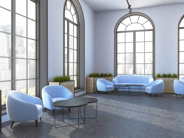 Eco style cafe interior with white walls, loft windows and blue sofas and armchairs standing near coffee tables. Flower beds. 3d rendering mock up