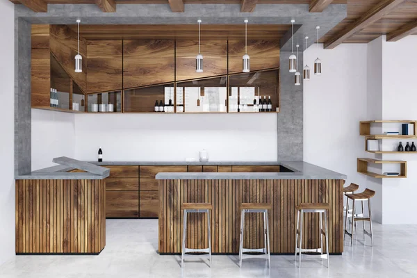 Wooden bar interior with a concrete floor, wooden stools and shelves with bottles on white walls. 3d rendering mock up