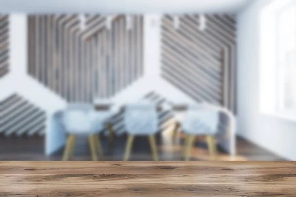 Elegante Sala Pranzo Interna Con Motivo Parete Legno Tavolo Bianco — Foto Stock