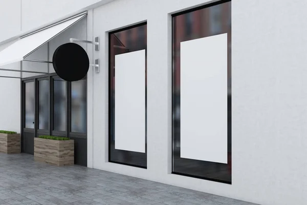 白色墙壁现代餐馆与海报在窗口和一个空白圆的路标在门附近 渲染模拟 — 图库照片