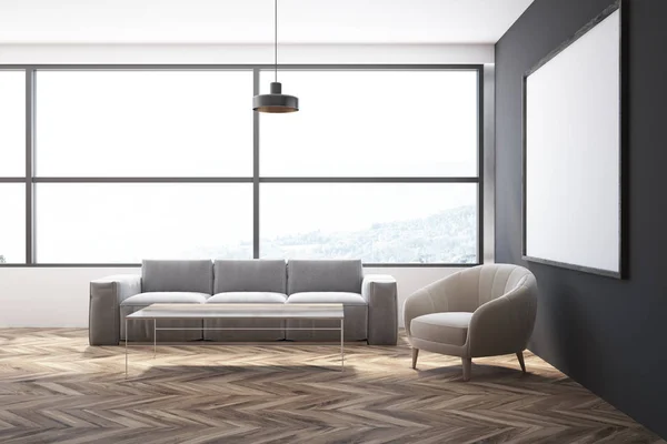 Loft Living Room Interior Gray Walls Wooden Floor Long Gray — Stock Photo, Image