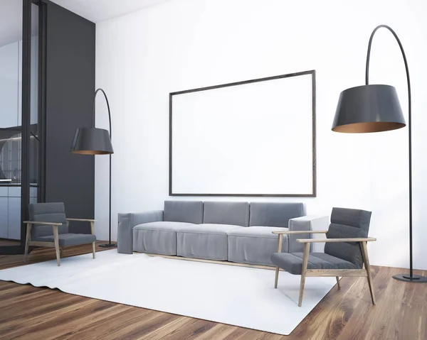 Panoramic living room corner with a rug on the floor, a gray sofa and two armchairs. Floor lamps and a poster 3d rendering mock up