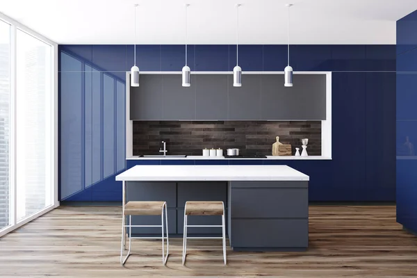 Blue Kitchen Countertops Built Appliances White Kitchen Interior Wooden Floor — Stock Photo, Image