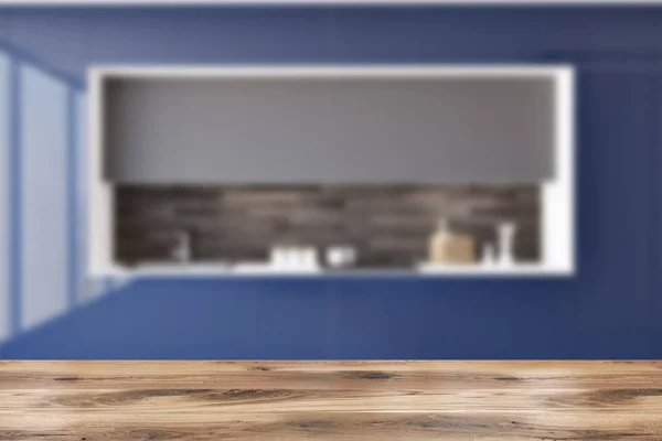 Niebieski Błyszczący Kuchnia Blaty Zabudowy Agd Szare Kuchnia Wnętrz Drewnianą — Zdjęcie stockowe