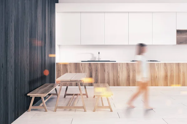 Intérieur Salle Manger Murale Bois Avec Une Longue Table Bois — Photo