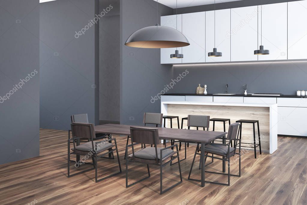 Gray dining room corner with a long table with gray chairs standing near white kitchen countertops. 3d rendering mock up