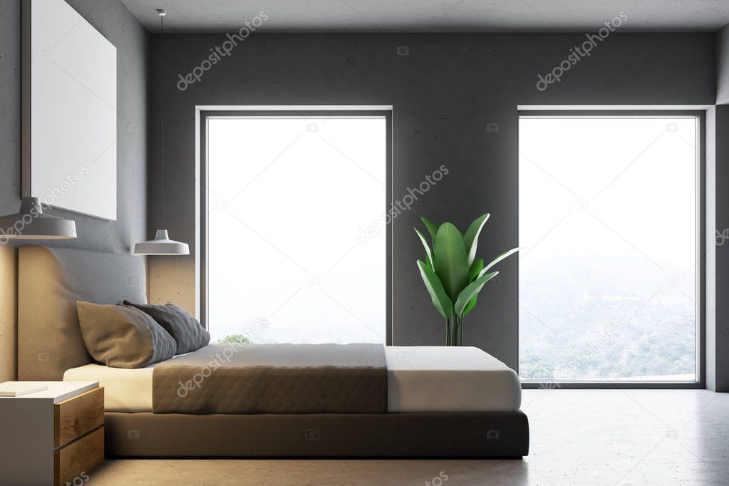 Side view of a gray bedroom interior with a concrete floor, a master bed and a horizontal poster hanging above it. 3d rendering mock up