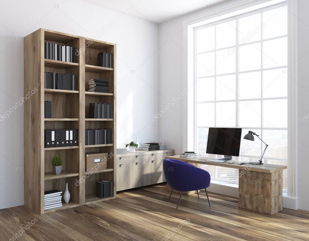 Classic home office corner with large windows, a wooden floor and a table with computer next to a wood bookcase. Concept of freelance work. 3d rendering mock up
