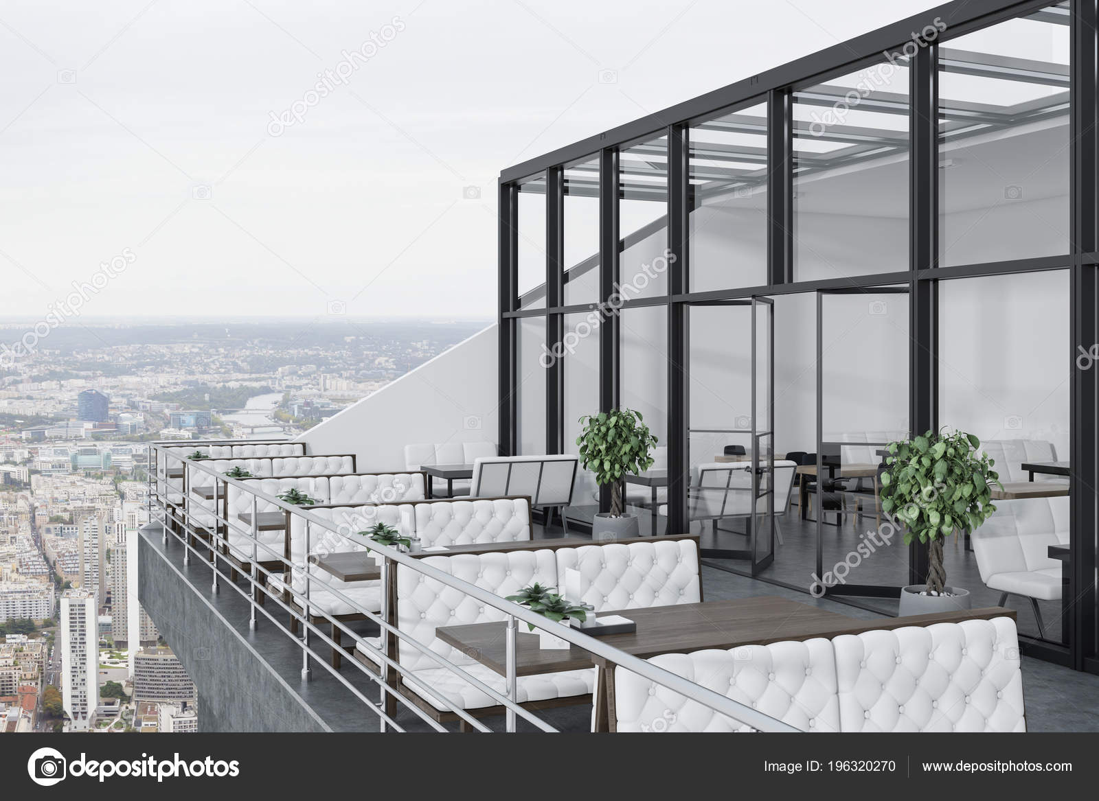 Glass Roof Restaurant Terrace White Walls Concerete Floor Tables Glass Roof Restaurant Terrace White Walls Concerete Floor Tables Stock Photo