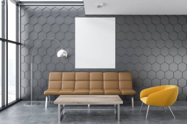 Gri petek duvar desen office lounge loft windows ile bir sehpa, kanepe ve sarı bir koltuk. Dikey bir poster. 3D render alay