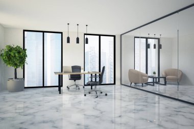 Loft ofis iç bir mermer zemin, beyaz duvarları, bilgisayar masası ve konuk koltuk ile. 3D render alay