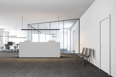 Beyaz duvarları, ahşap zemin ve lobide bir beyaz şık resepsiyon masa ile modern ofis iç. Uluslararası şirket ve küresel iş kavramı. Açık bir görünüm. 3D render alay