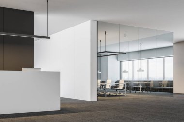 Beyaz ofis resepsiyon masası siyah bir duvar ve toplantı odası modern şirket salonda duran bir bilgisayar ile. 3D render alay