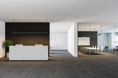 Siyah ve beyaz ofis iç duvar ve beyaz bir resepsiyon masası bir poster ile bir konferans salonu ile. 3D render alay