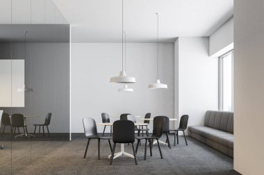 Ofis bekleme odası veya kantin alan bir beton zemin, büyük pencereler, yuvarlak masalar, siyah sandalye ve bir kanepe. 3D render alay