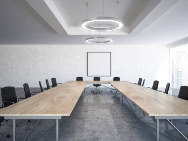 Siyah toplantı odası iç uzun ahşap bir masa, panoramik pencerelere ve yuvarlak tavan lambaları sandalye. Yan görünümü. İş stratejisi kavramı. Kare afiş. 3D render alay