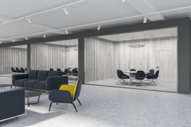 Toplantı odası koridorun bir lüks ofis koyu gri ve beyaz tahta duvarlar, beton zemin ve yanındaki gri kanepeler duran sarı ve gri koltuklar ile görüldü. Yan görünümü. 3D render