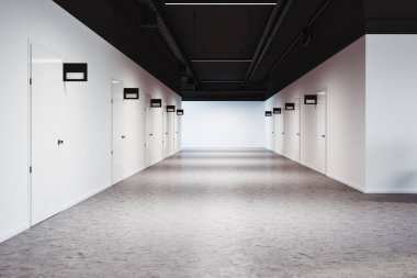 Beyaz duvar koridor kapalı kapılar satır içeren office veya üniversite. Tabelaları kapıları yukarıda alay. Bir beton zemin. 3D render