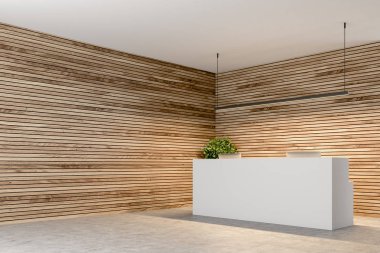 Bilgisayarlarla bir beton zemin ahşap duvar şirket lobide duran beyaz resepsiyon masa. Köşede bir tencerede bir ağaç. Yan görünümü. 3D render alay
