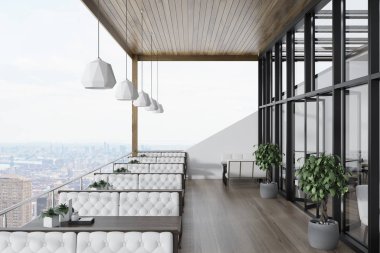 Cam çatı terası bulunan restoran. Beyaz duvarları, ahşap zemin ve onlara yakın beyaz kanepeler tablolarla. Cityscape 3d render alay