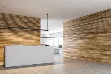 Bir beton zemin ahşap duvar şirket lobide duran bilgisayarlarla uzun beyaz Resepsiyon Masa yan görünüm. Köşede bir tencerede bir ağaç. 3D render alay