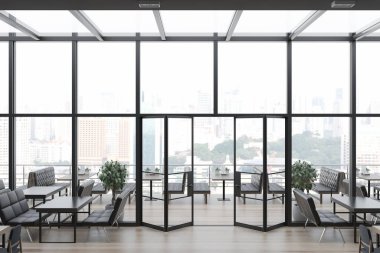 Bir cam çatı restoran bir ahşap zemin ve onlara yakın siyah kanepe tablolarla yan görünüm. 3D render alay