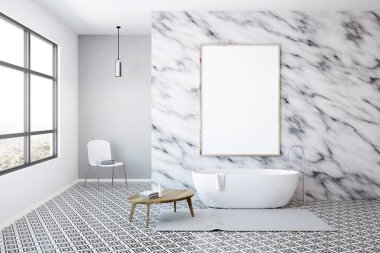 Lüks banyo iç geometrik desenli kat, büyük bir pencere, duş ve mermer duvardaki çerçeveli bir dikey poster döşenir. Bir sandalye. 3D render alay